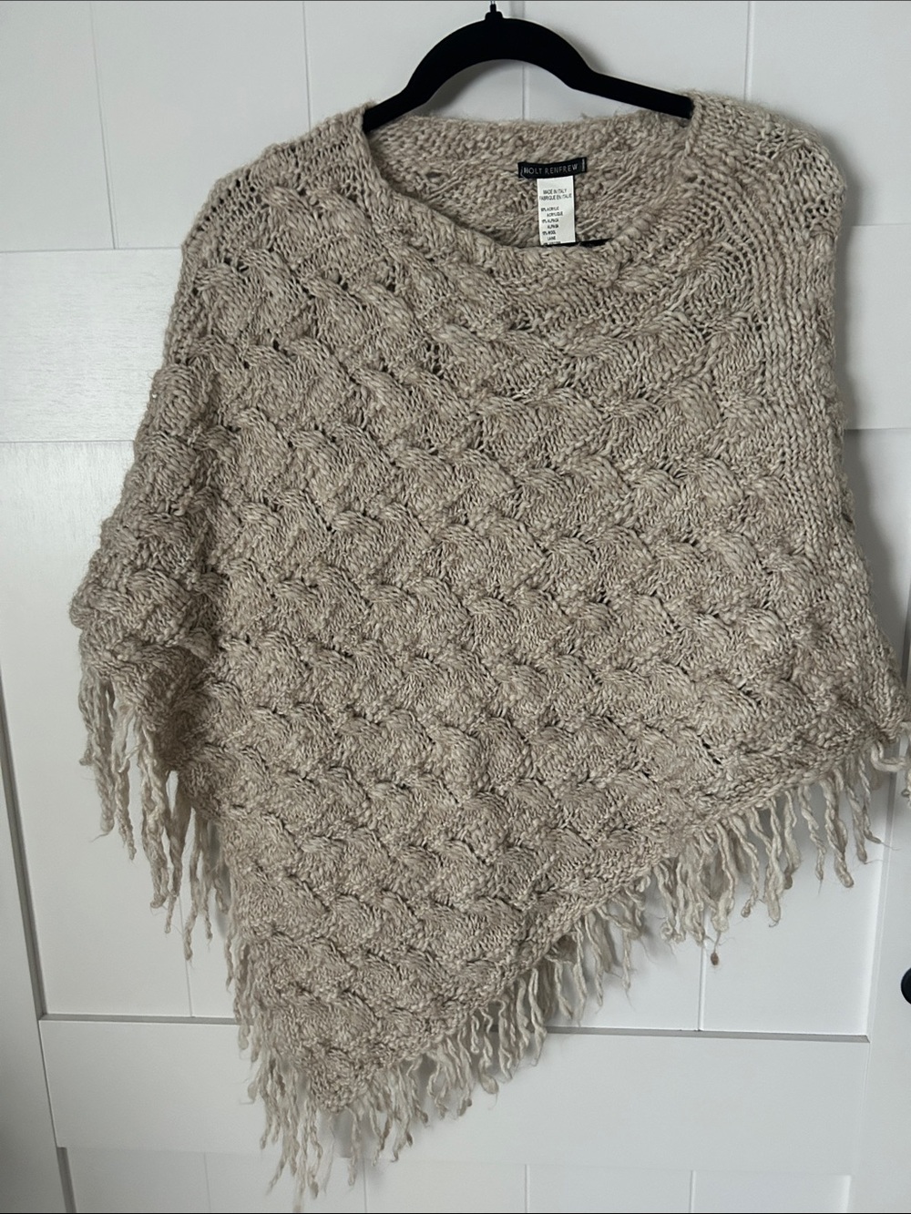 Textured Fringe Knit Poncho - Beige